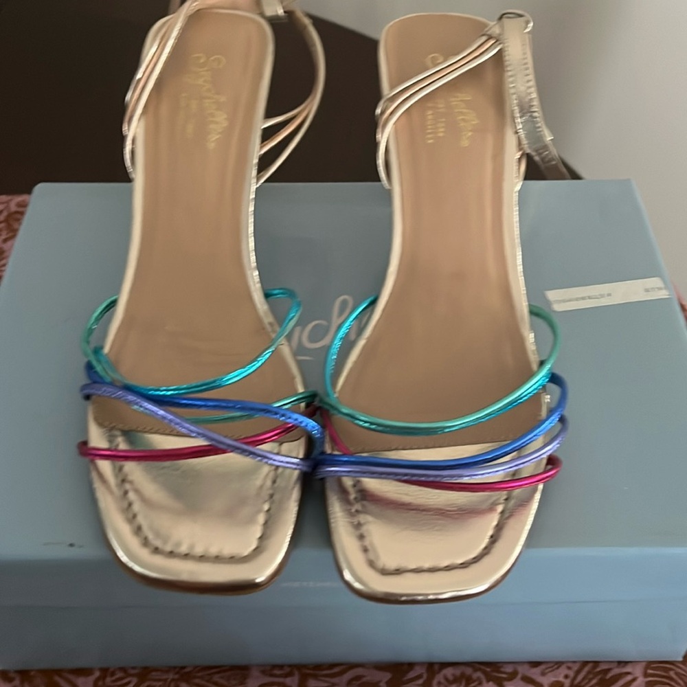 Worn once in box size 8.5 Seychelles rainbow metallic strappy heels. Starboard